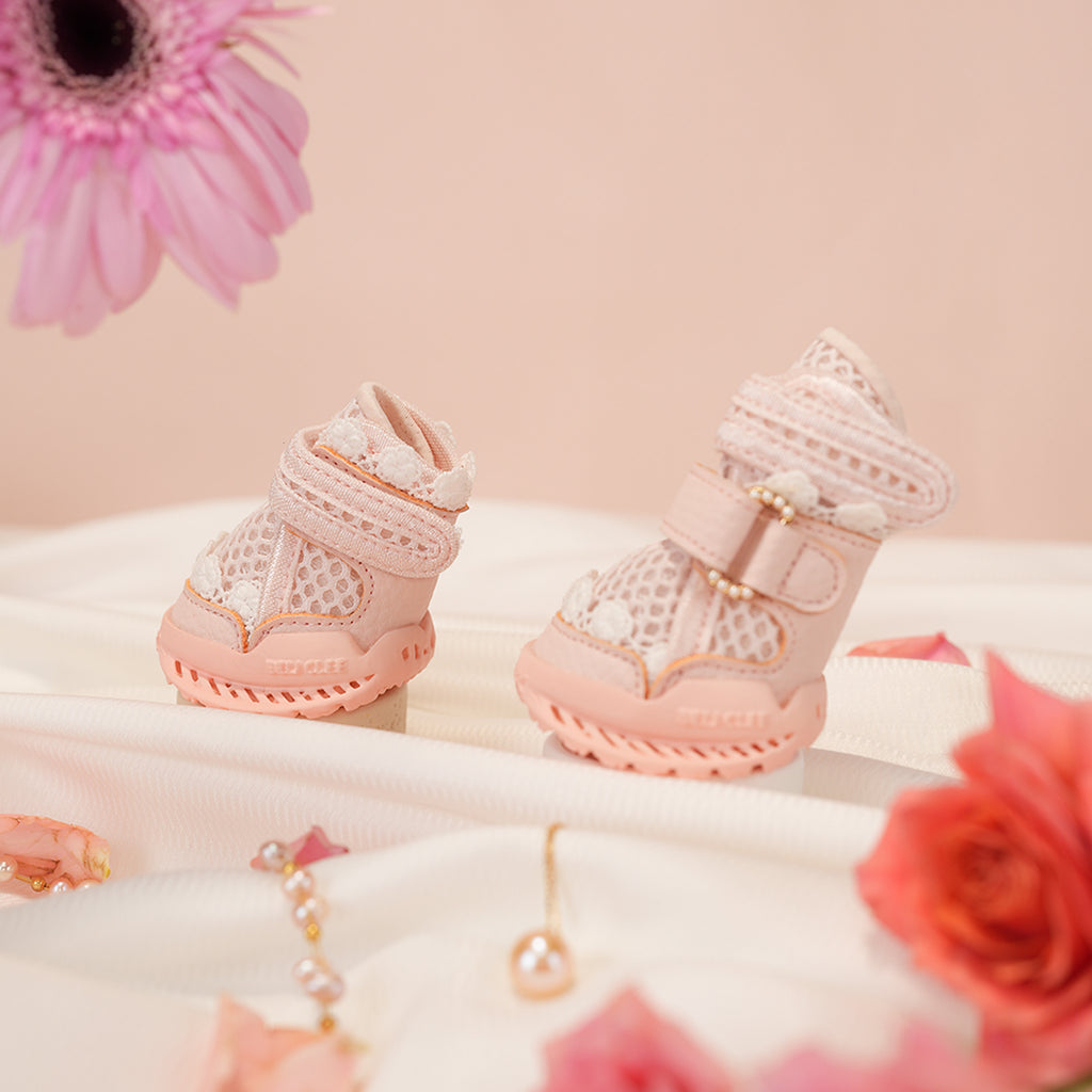 Pearl Pink Ballet dog shoes with floral styling