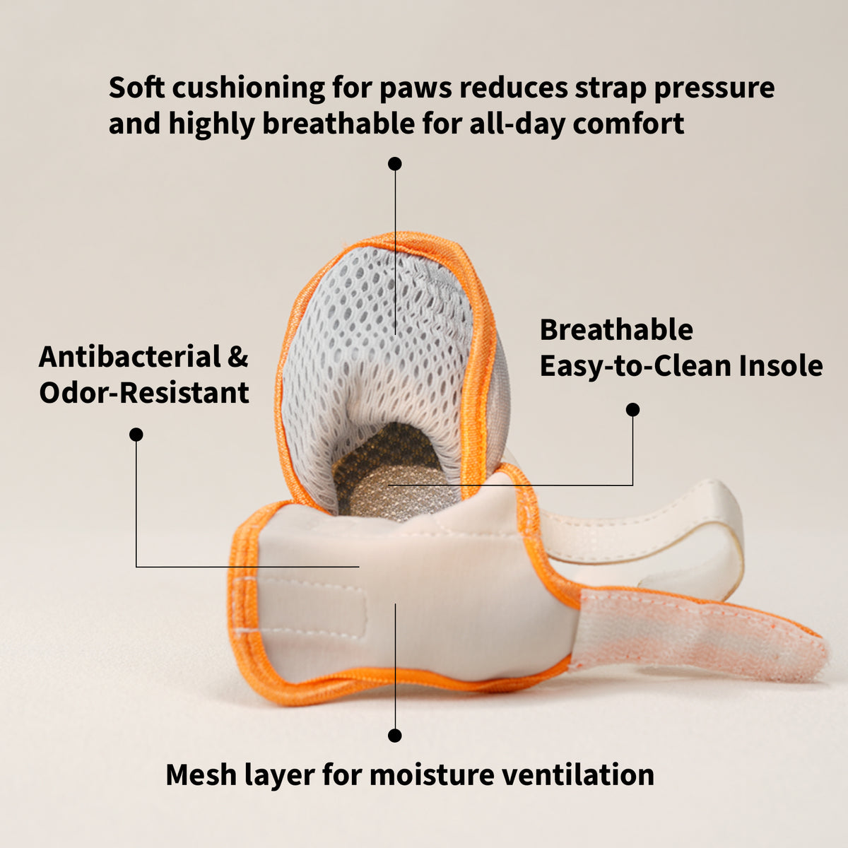 CityLuxury dog shoe cushioning, mesh and insole diagram