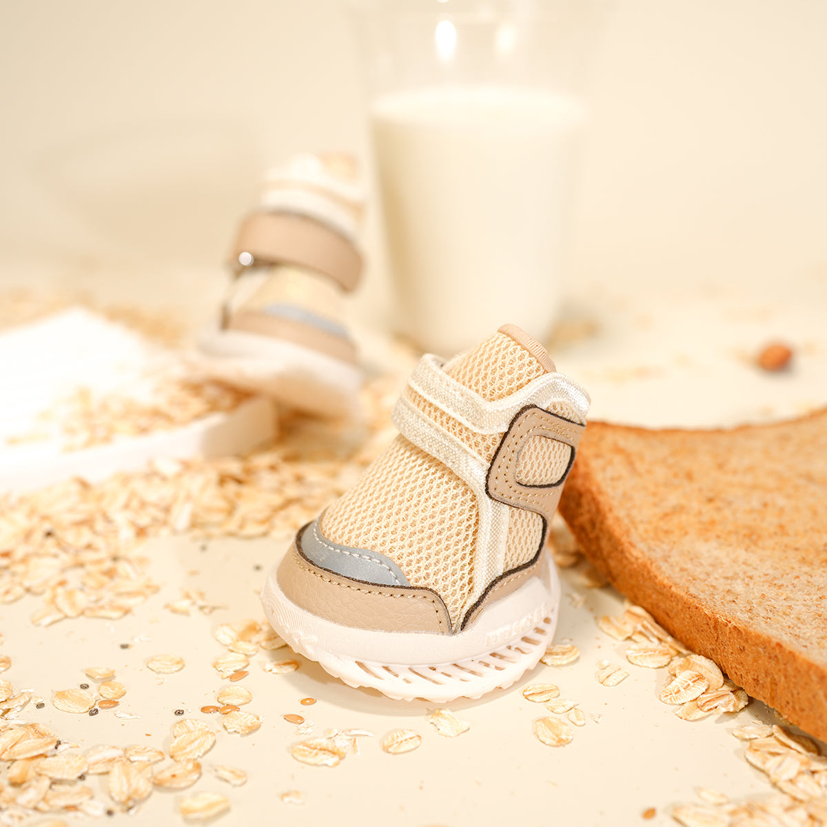 Oat Milk Latte dog shoes with oats and toast styling