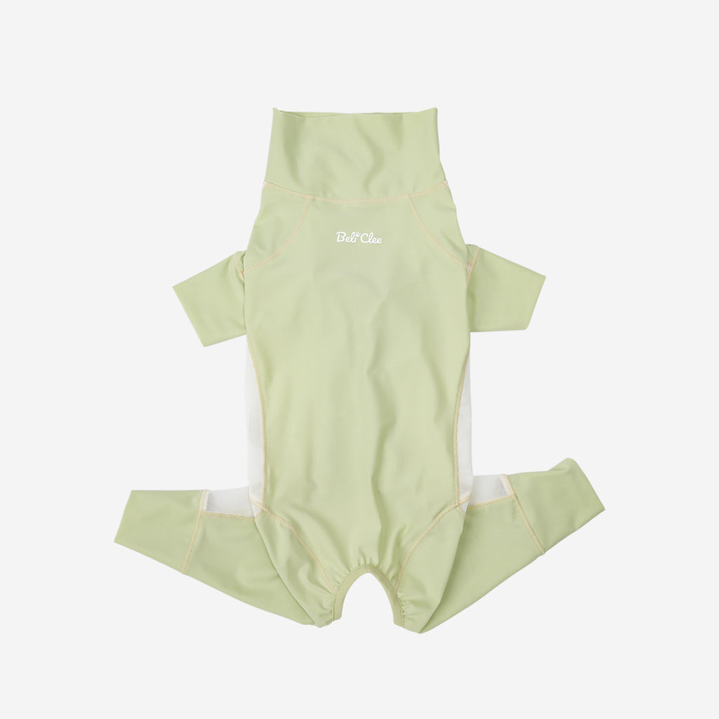 Green mesh four-leg jumpsuit laid flat