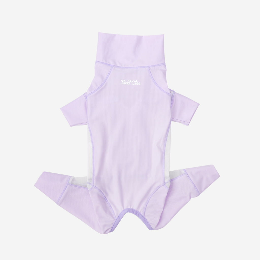 Lavender mesh four-leg jumpsuit laid flat