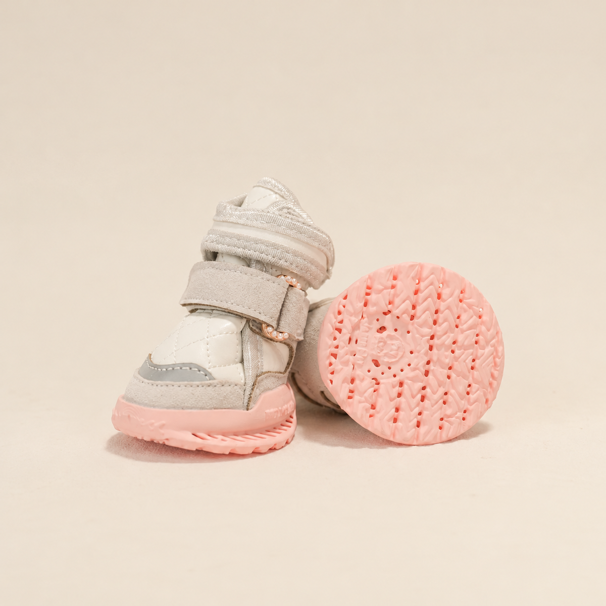 Cherry blossom pink dog shoes showing upper and ventilated sole