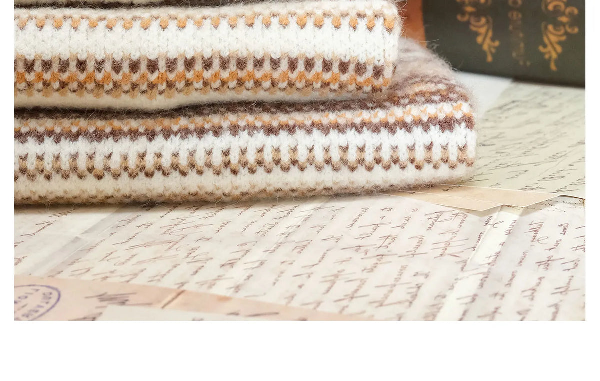Close-up of the cream and brown Fair Isle knit texture