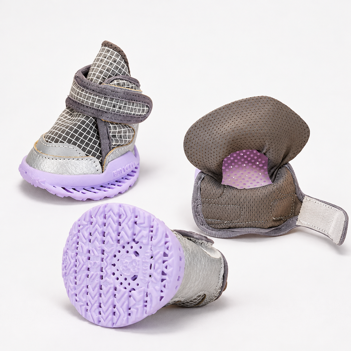 Scarpe per cani Cyber Purple: scarpa in verticale, suola ventilata e scarpa aperta con plantare perforato