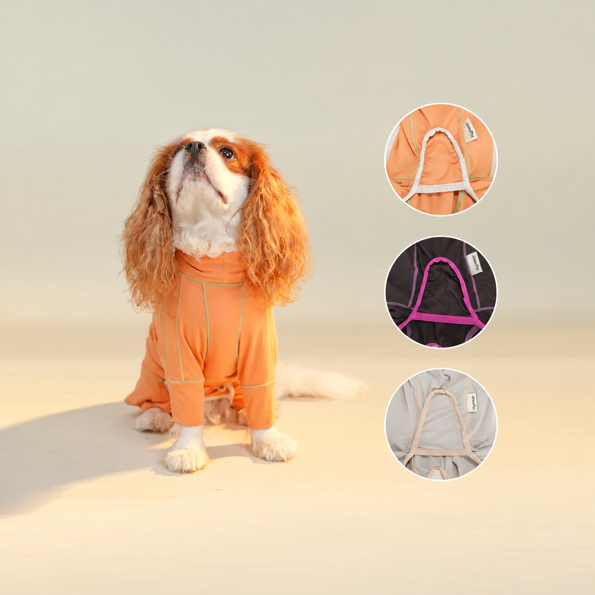 Orange dog jumpsuit and belly opening details in three colors