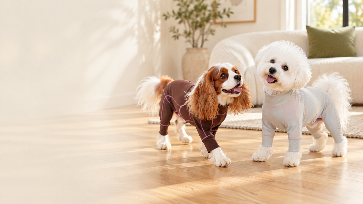 AI-generated editorial scene of a happy Cavalier King Charles Spaniel and Bichon Frise wearing four-leg dog jumpsuits